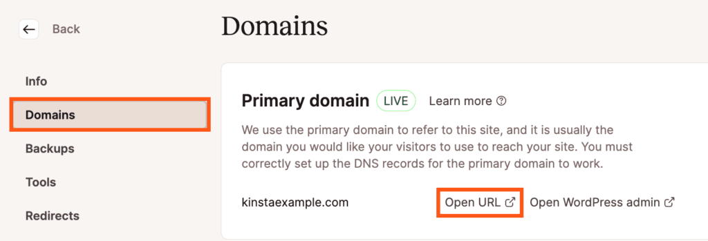 URL-link openen in MyKinsta.