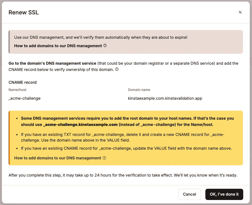 CNAME record to verify the domain and renew your free SSL.