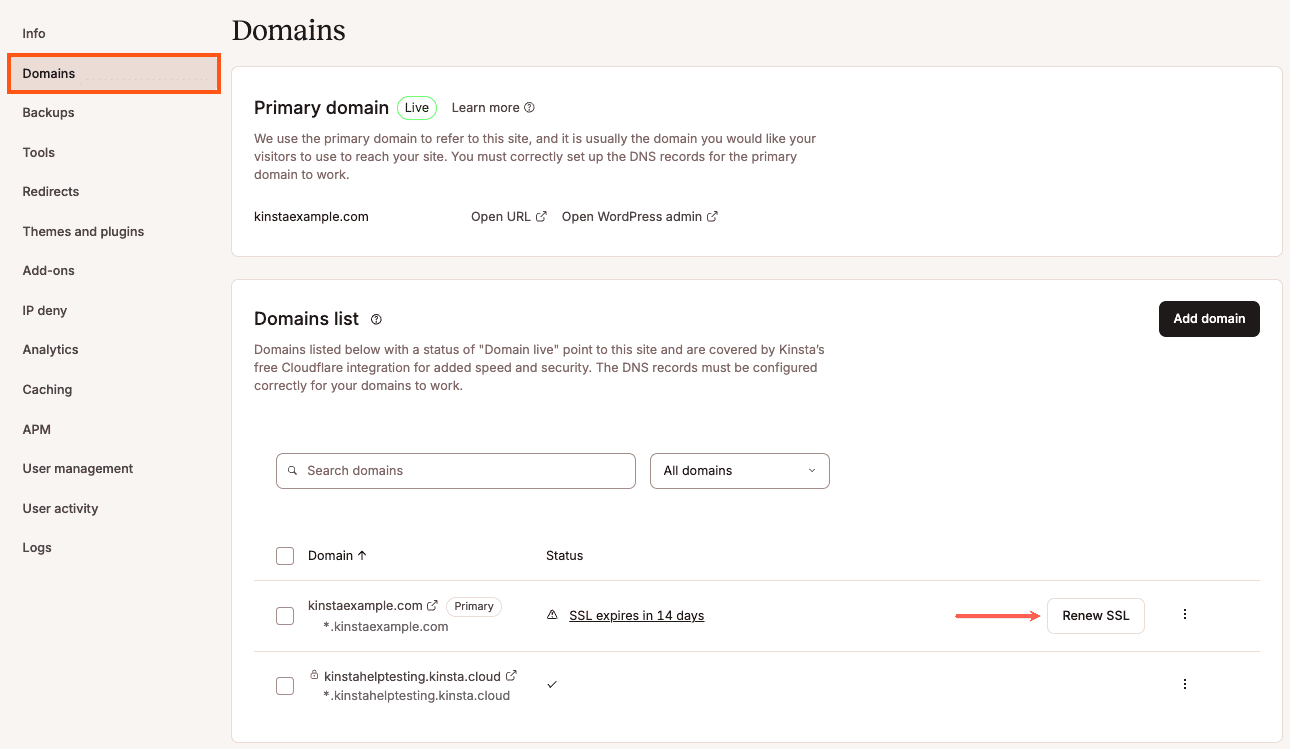 Renew SSL button next to the domain in MyKinsta Domains list.