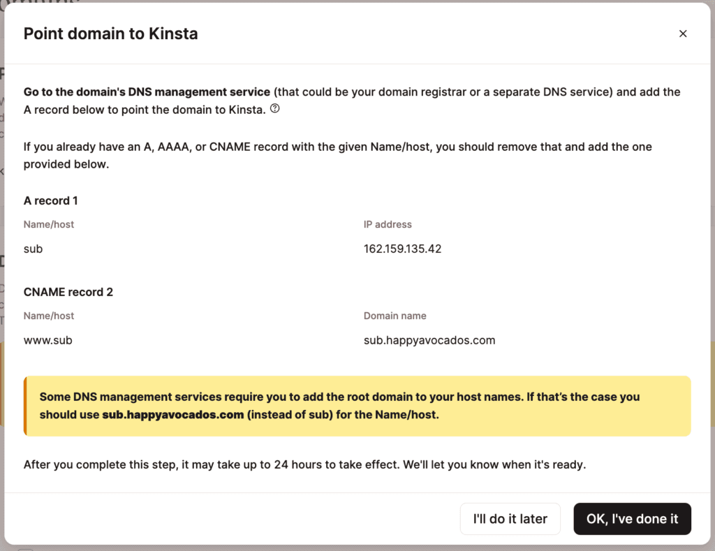 Dirección IP del sitio a la que apuntar tu subdominio en MyKinsta.