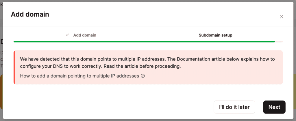 Avertissement dans MyKinsta pour un sous-domaine pointant vers plusieurs adresses IP.