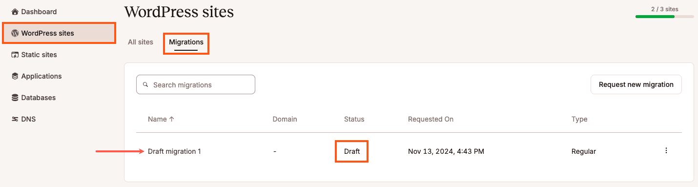 Click on a migration request name to continue editing or view the migration details page.