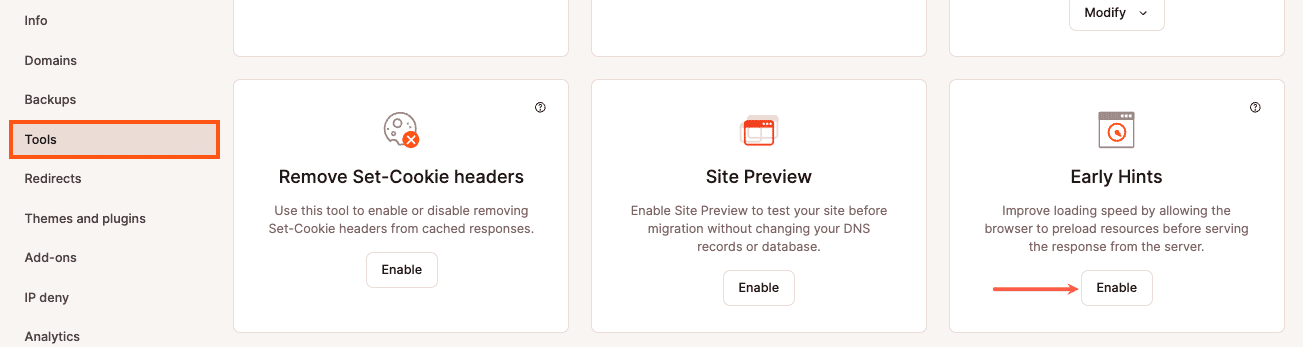 Enable Early Hints in MyKinsta.