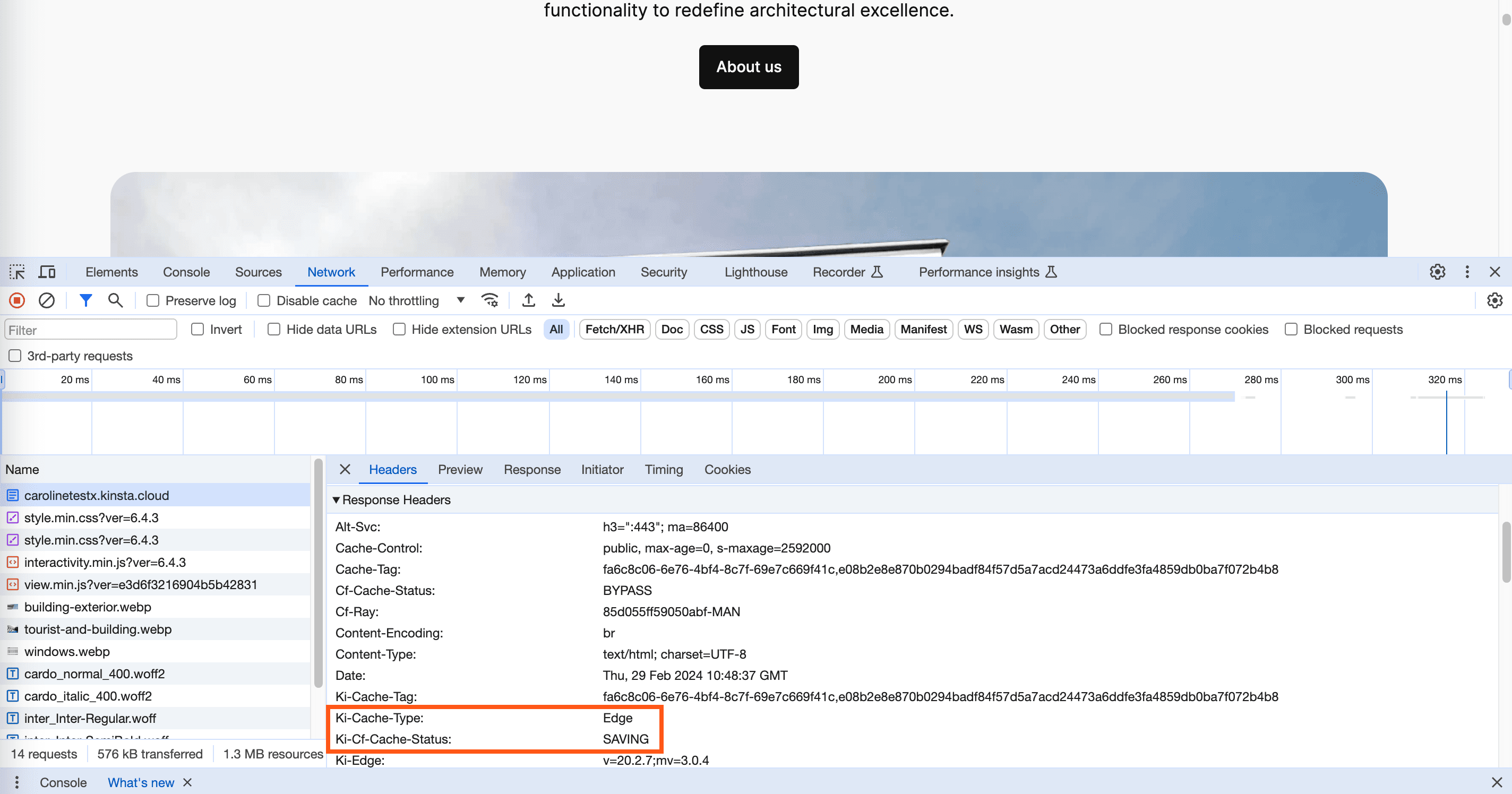 Edge Cache headers, ki-cache-type and Ki-CFCache-Status, in the Network tab of browser dev tools.