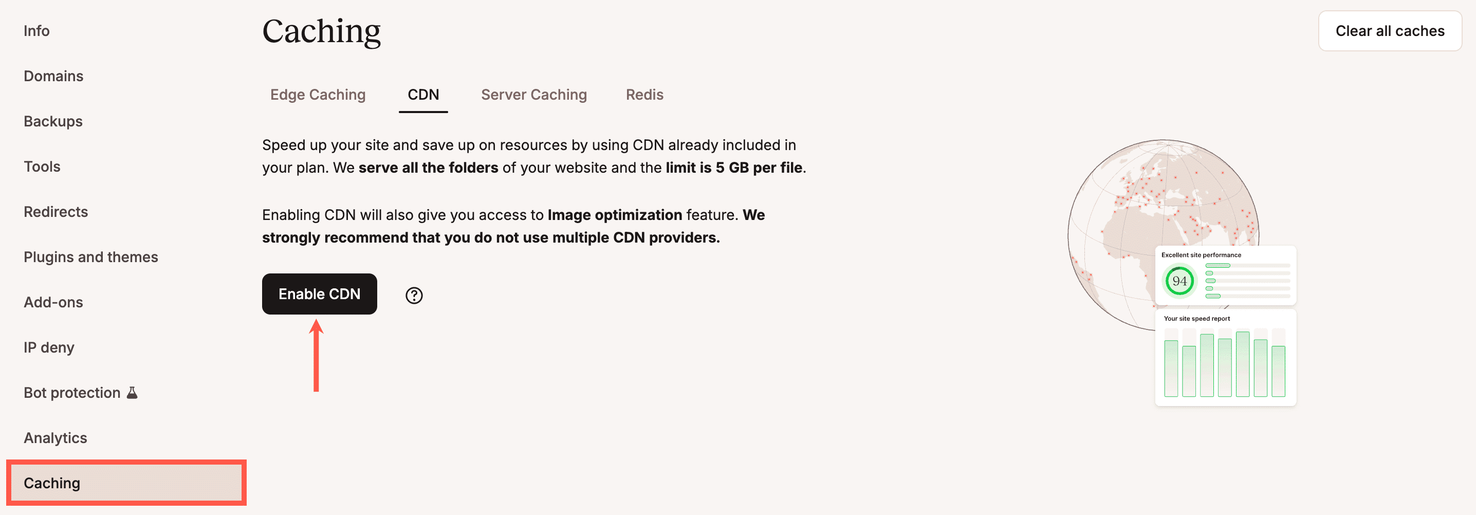 Enable Kinsta's CDN within the Caching tab.
