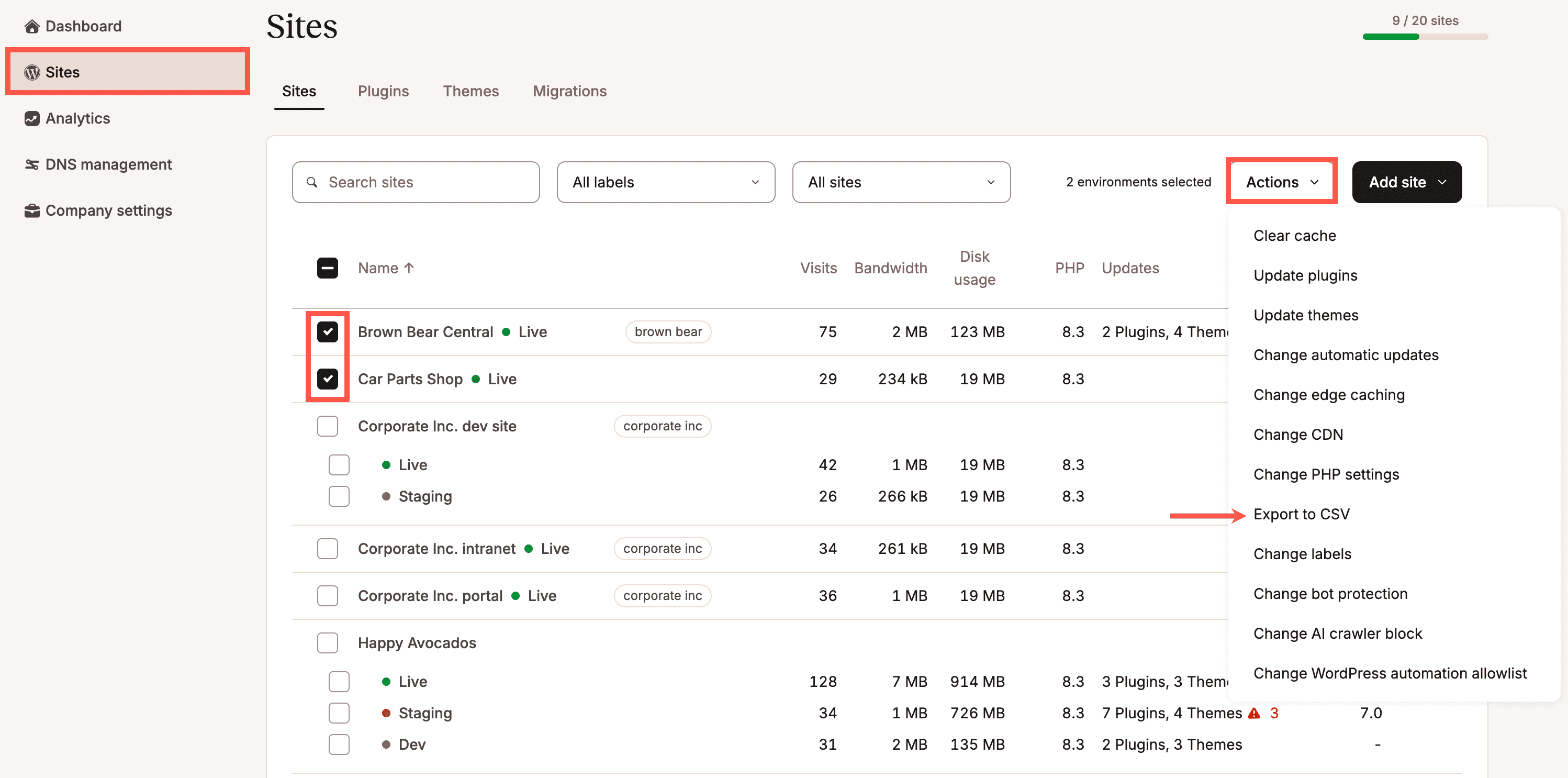 Select which sites you want to export to CSV.