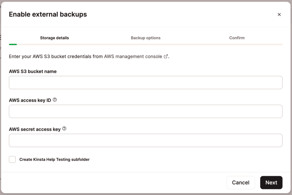 Add your AWS credentials in MyKinsta.