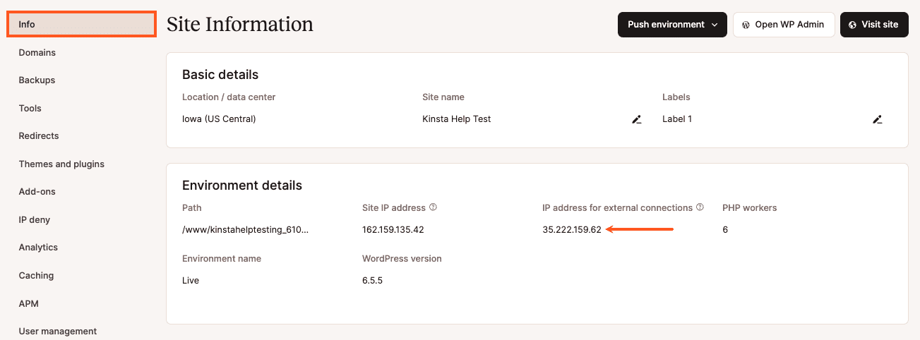 The IP address for external connections.