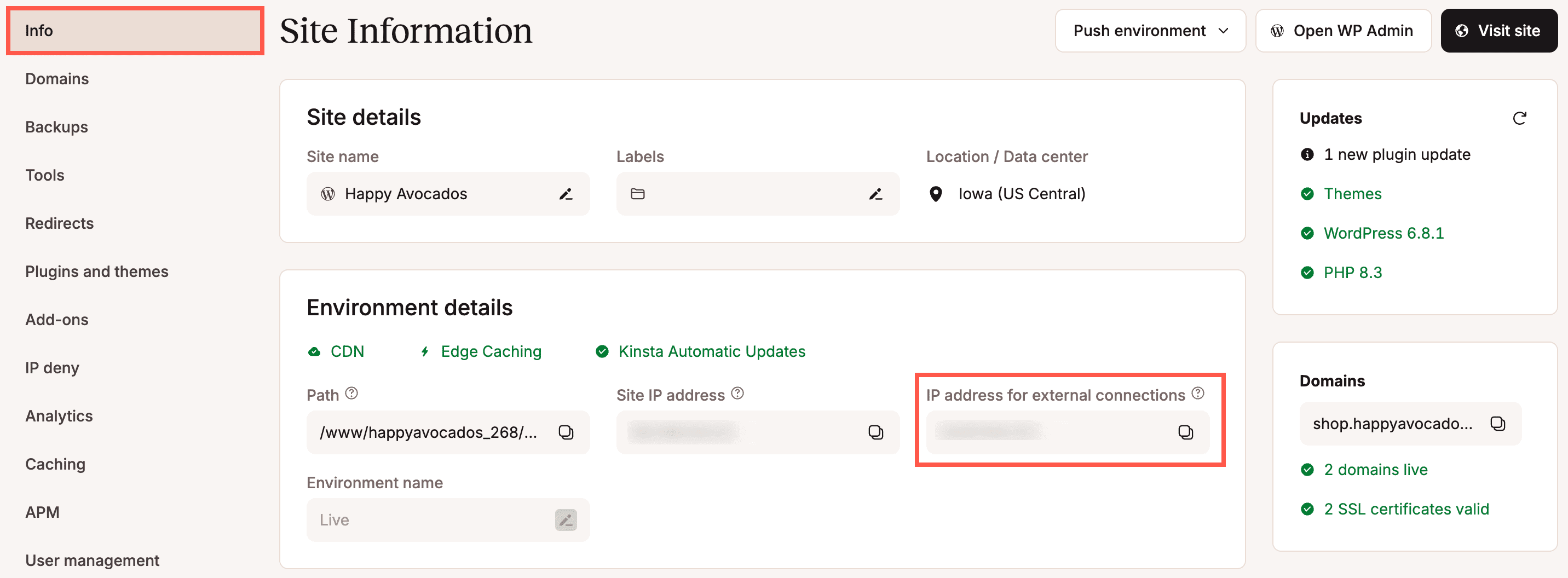 The IP address for external connections.