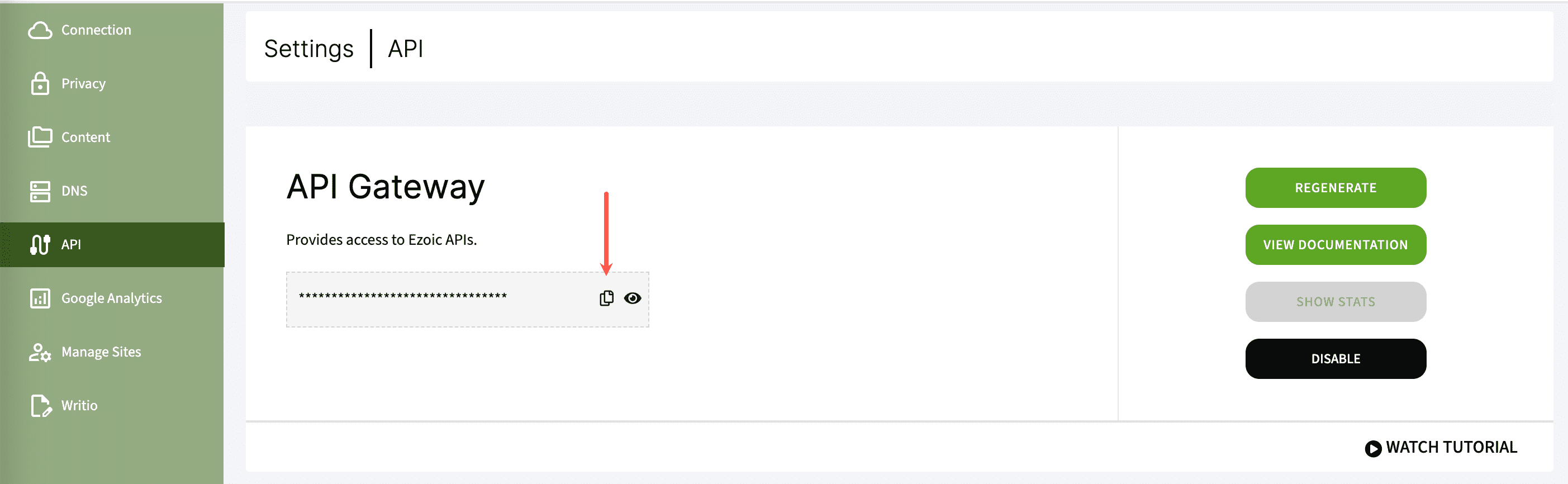Copy your API key from Ezoic.