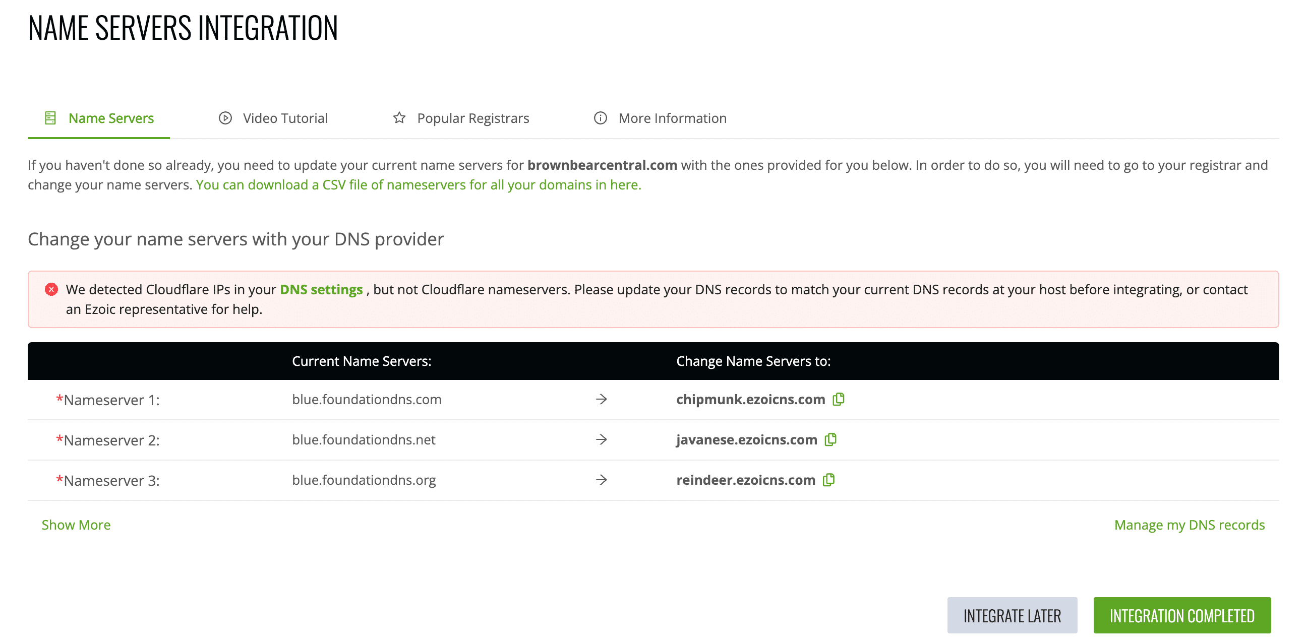 Disregard any warnings at Ezoic related to Cloudflare IP addresses in your DNS records.