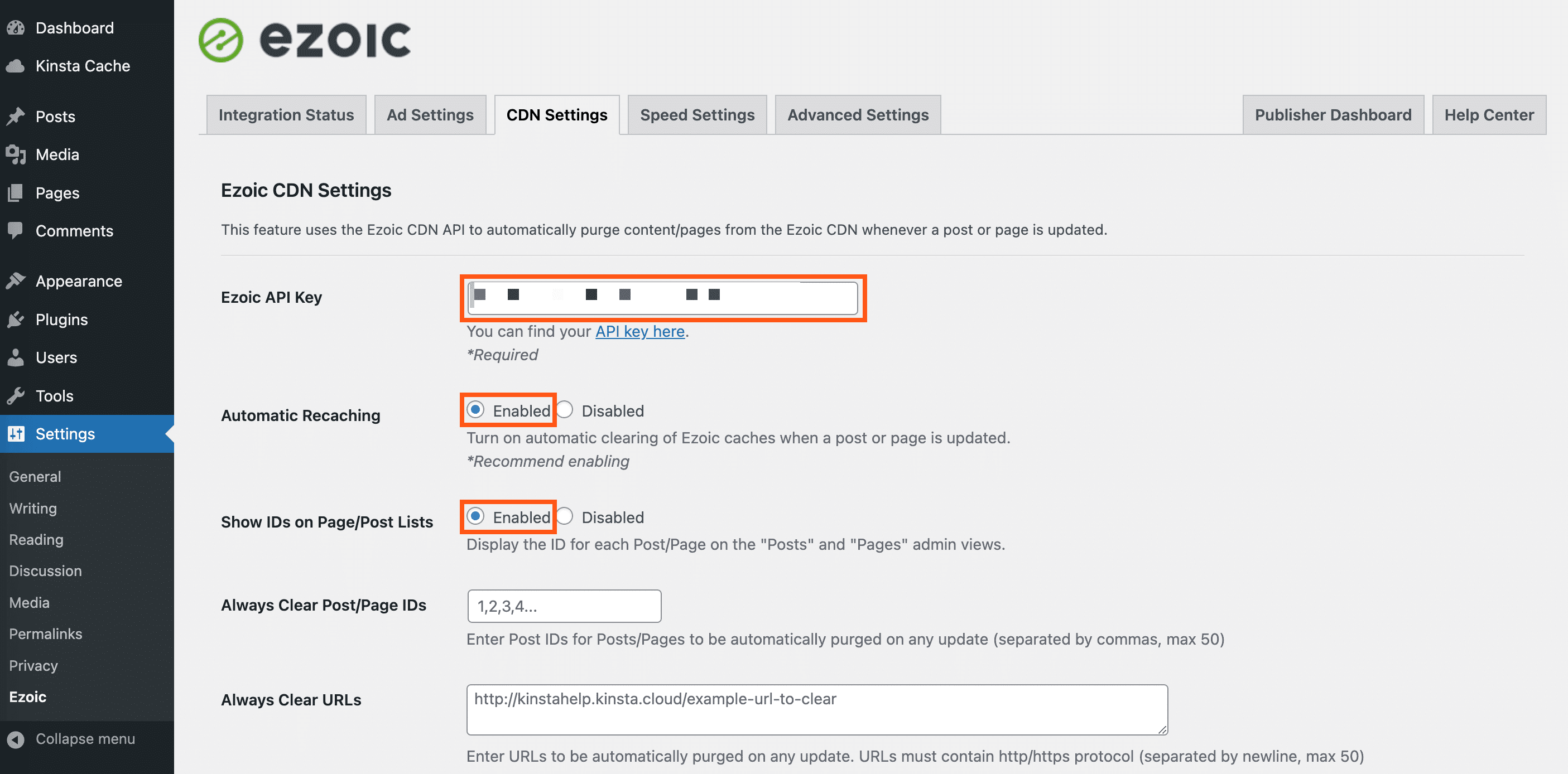 Paste your API key into the Ezoic plugin settings in your WordPress dashboard.