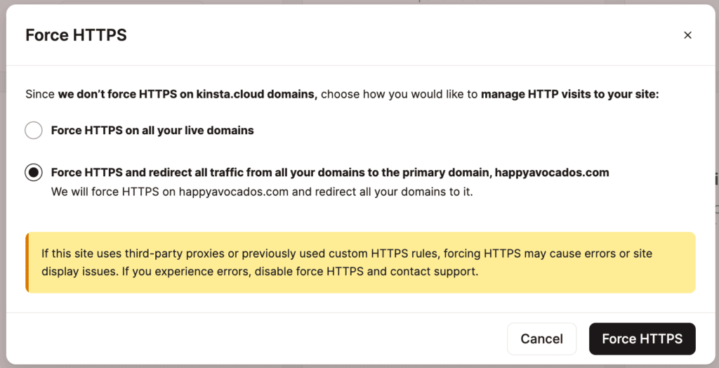 Kies hoe je HTTP bezoeken wilt afhandelen en bevestig het inschakelen van HTTPS forceren.