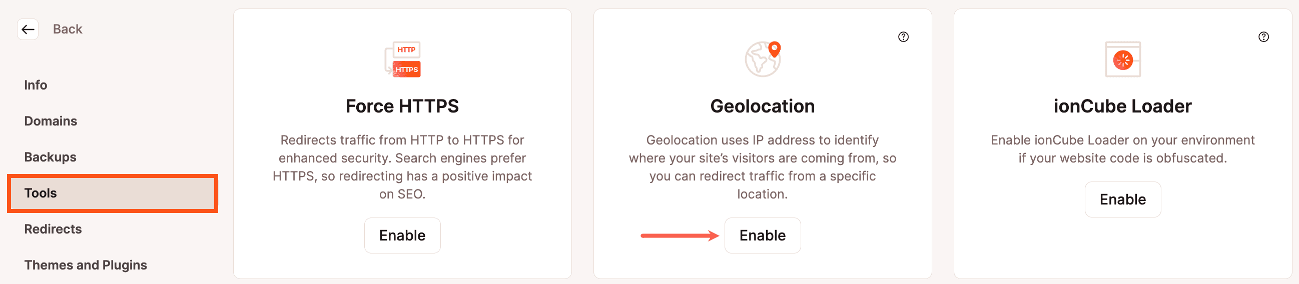 Geolocatie kan worden ingeschakeld in de Tools sectie van MyKinsta.