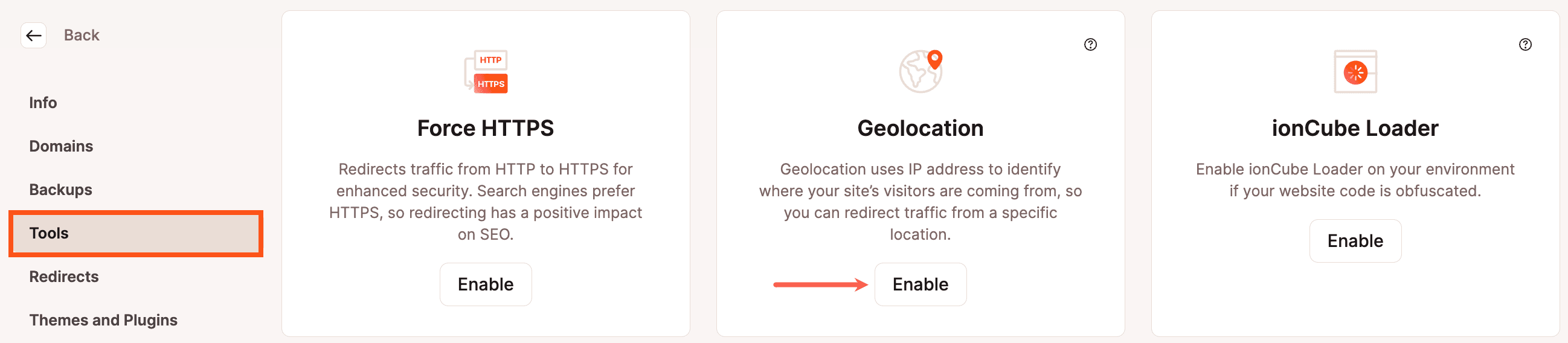 Die Geolokalisierung kann im Bereich "Werkzeuge" von MyKinsta aktiviert werden.