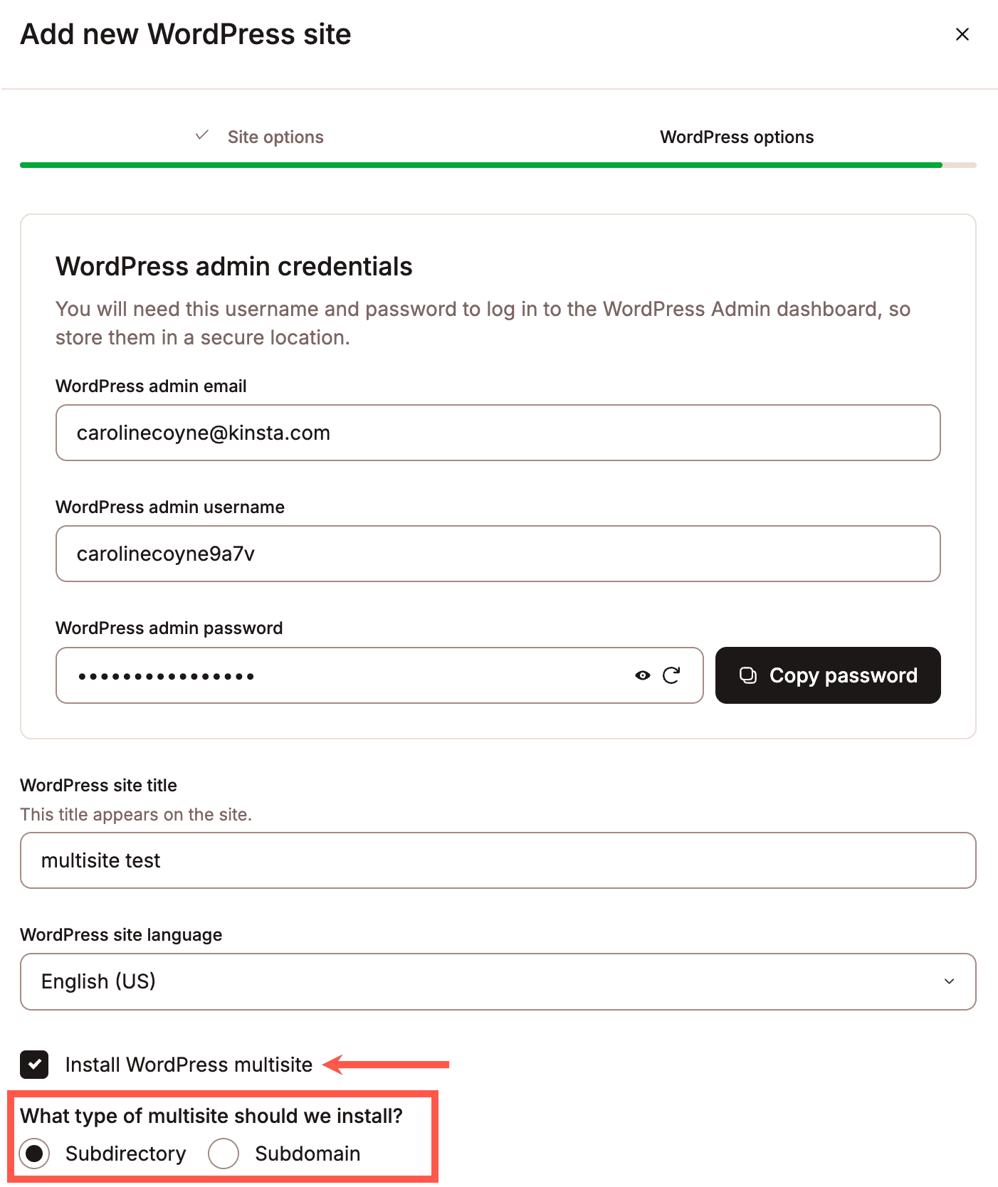 Select multisite when adding a new site in MyKinsta.