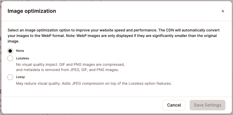 Ajustes de optimización de imagen en MyKinsta.