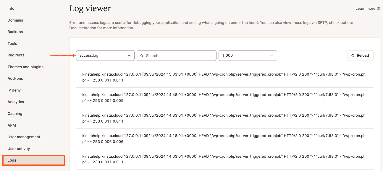 access.log file in MyKinsta Log viewer.