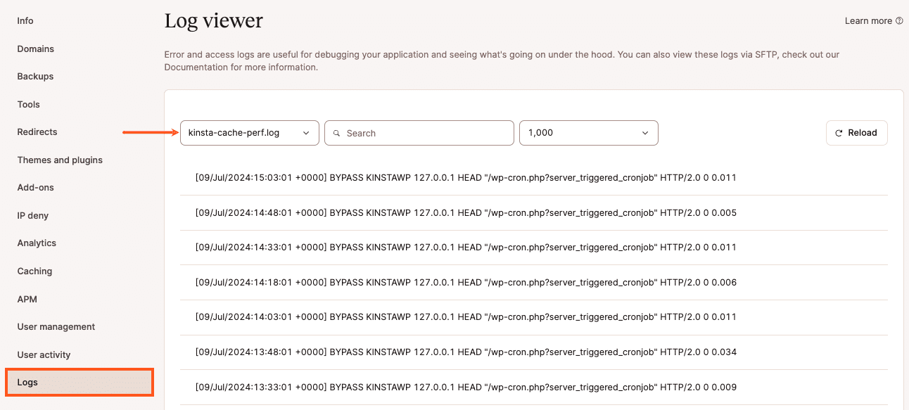 kinsta-cache-perf.log file in MyKinsta Log viewer.