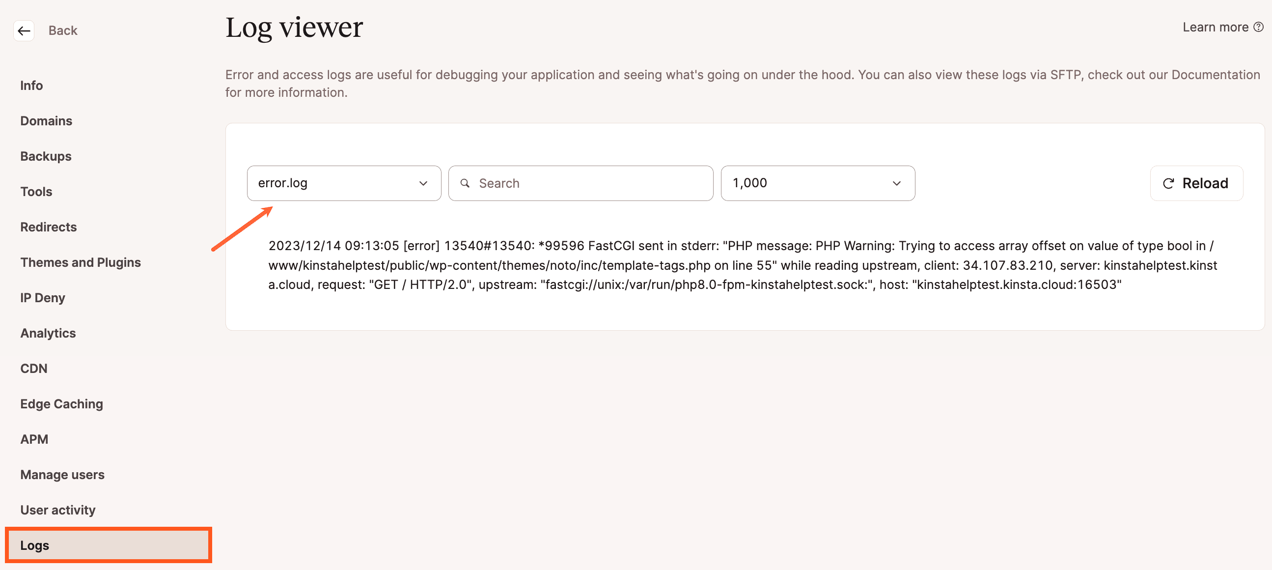 error.log bestand in MyKinsta Logbestanden bekijken.