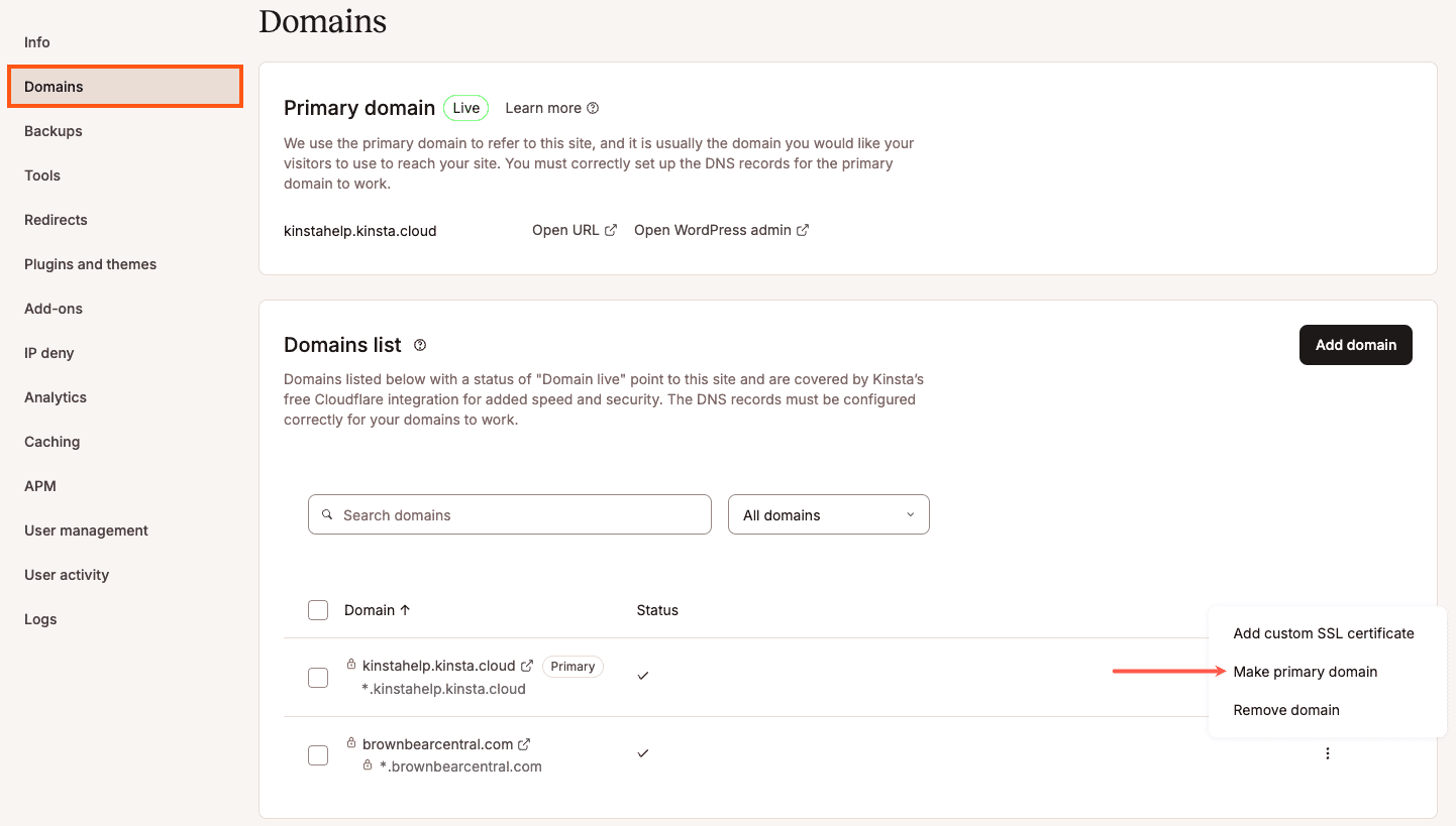 Make a domain the primary domain in MyKinsta.