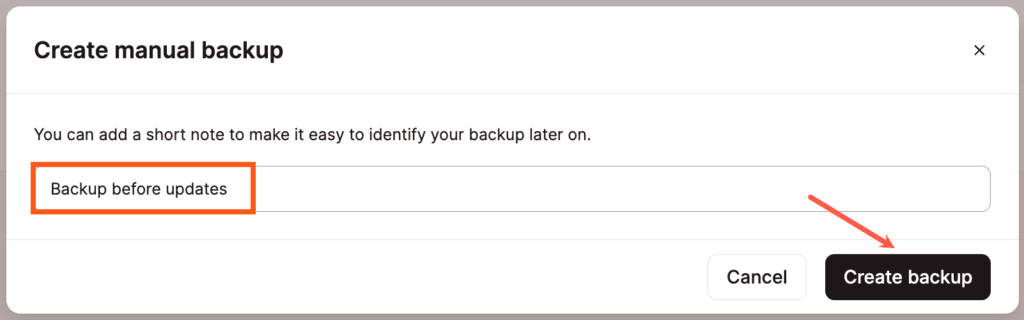 Aggiungere un nome o una breve nota al backup manuale di WordPress.