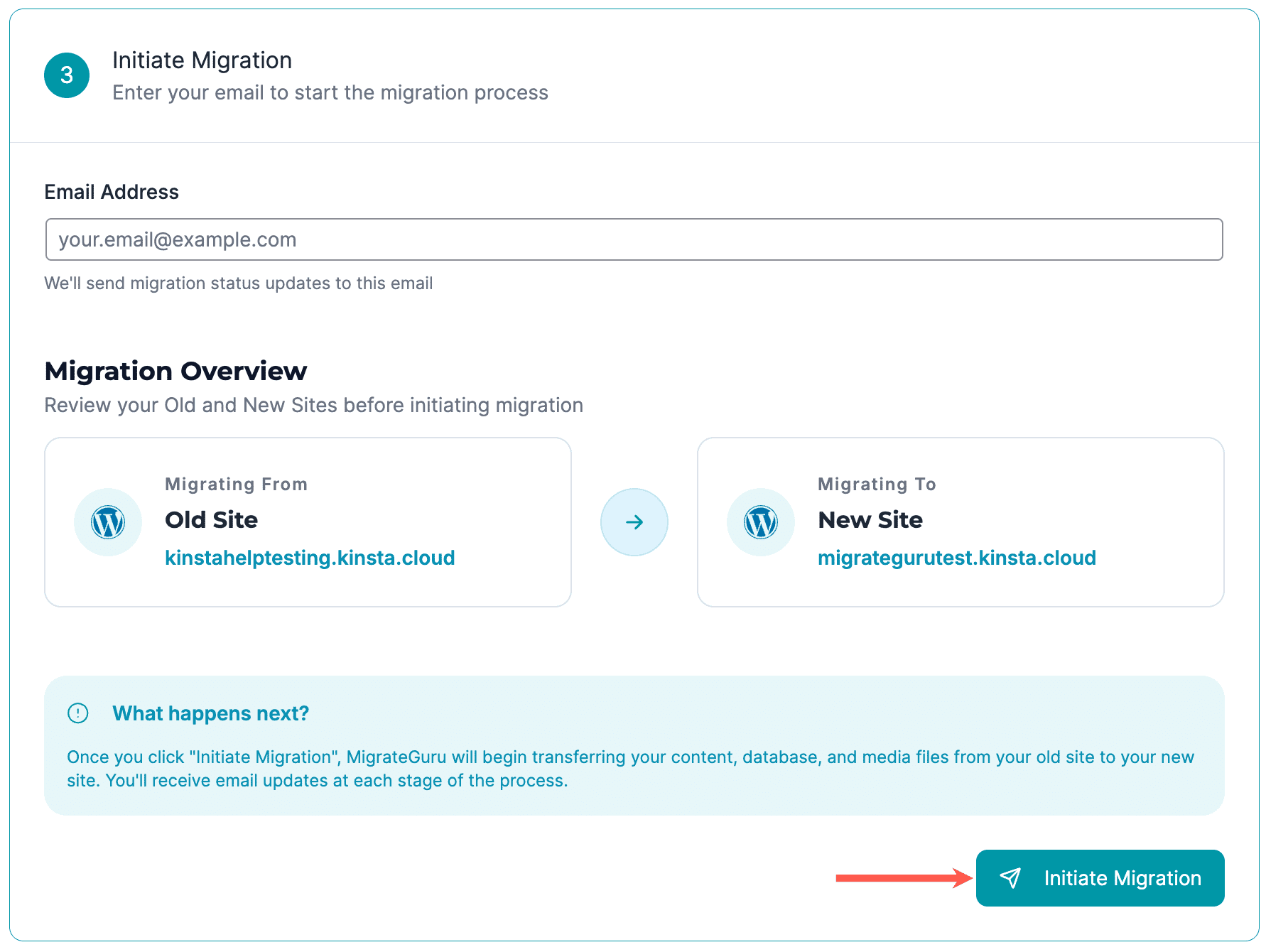 Step 3: Initiate the migration in Migrate Guru. 