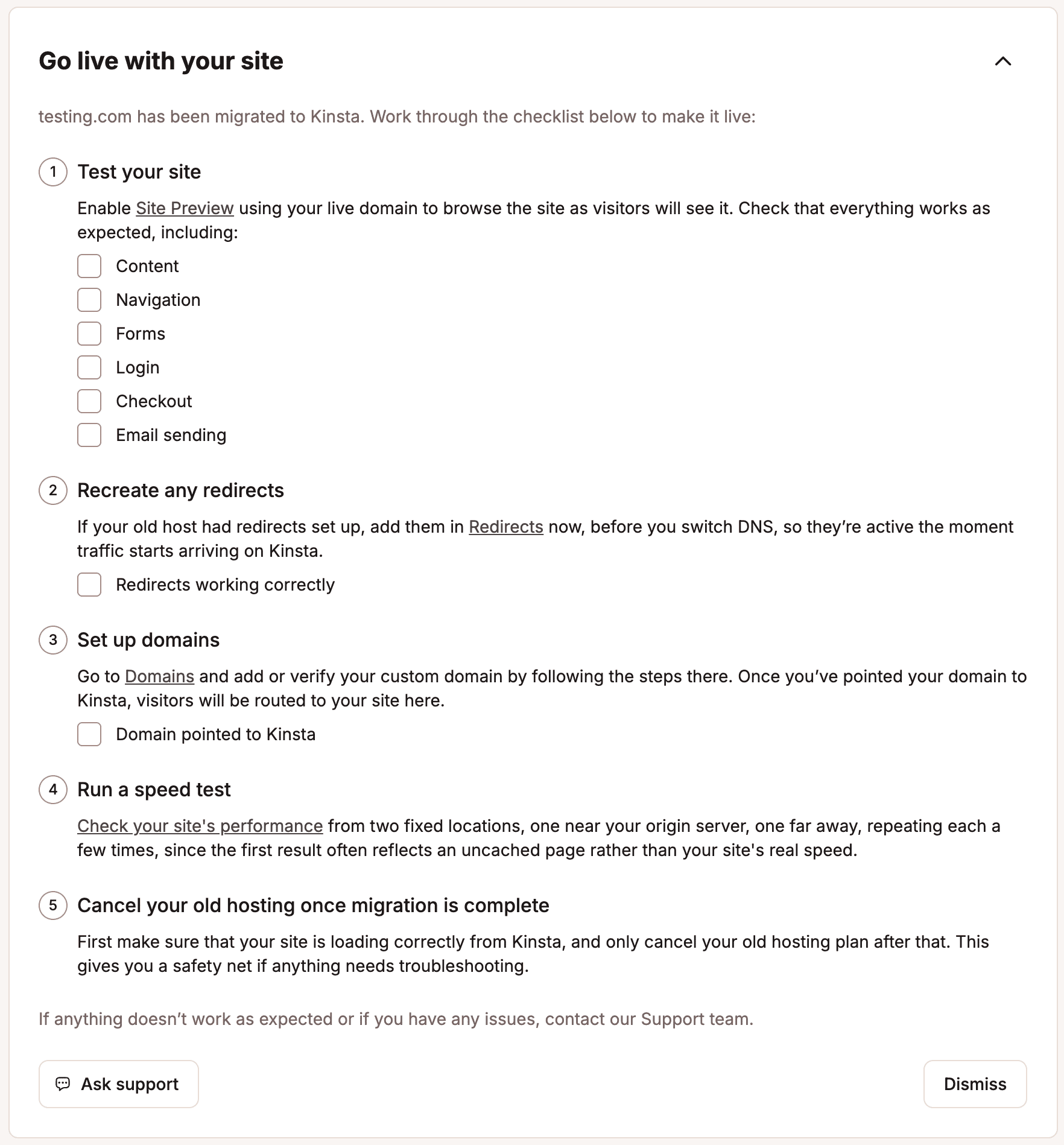Post-migration checklist. 