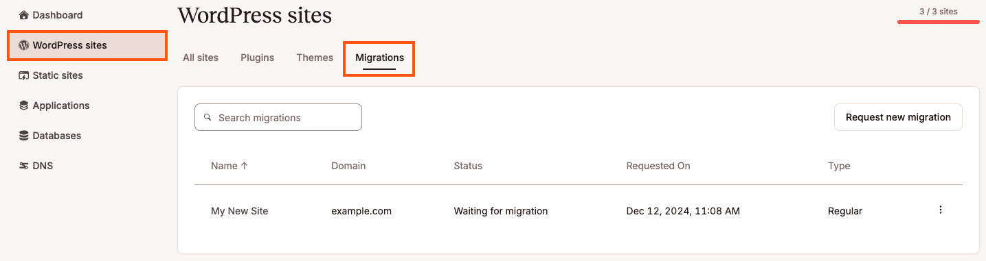 View migration requests on the Migrations tab within the WordPress Sites page in MyKinsta.