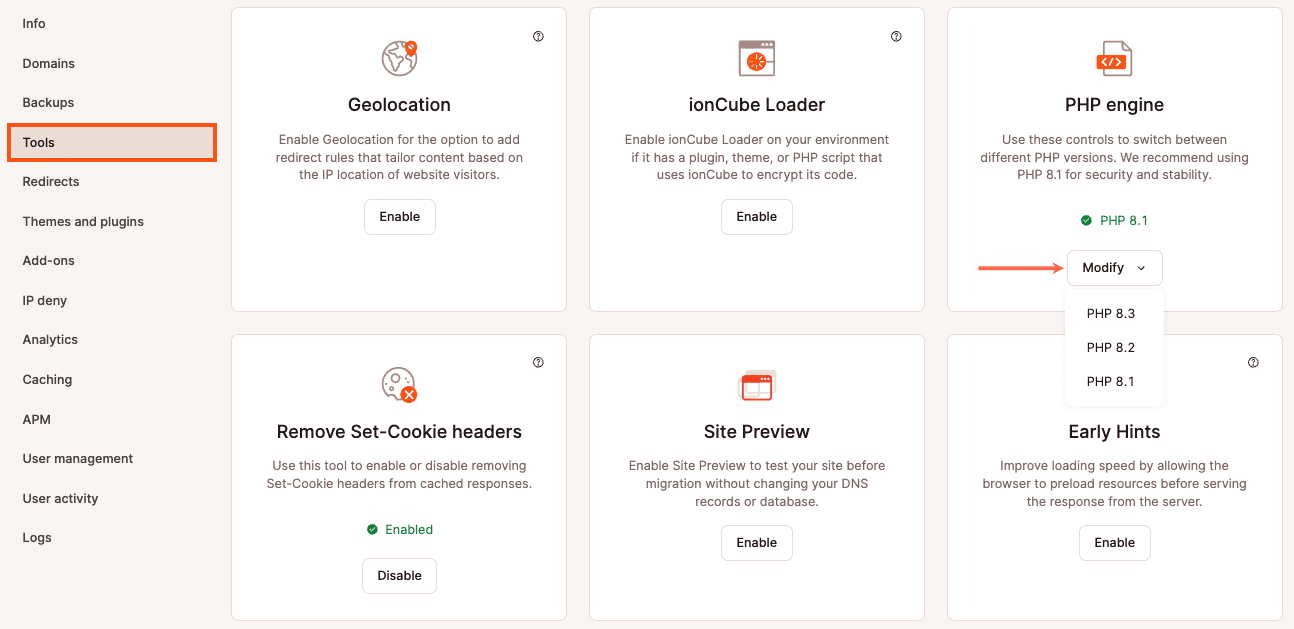 Botón Modificar motor PHP en MyKinsta.