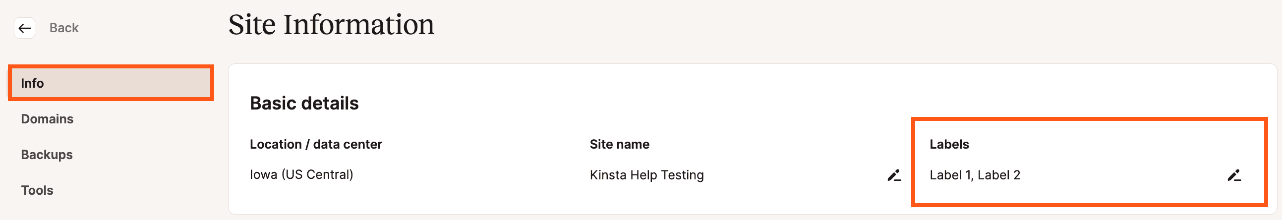 Site-labels op de pagina Site-informatie in MyKinsta.