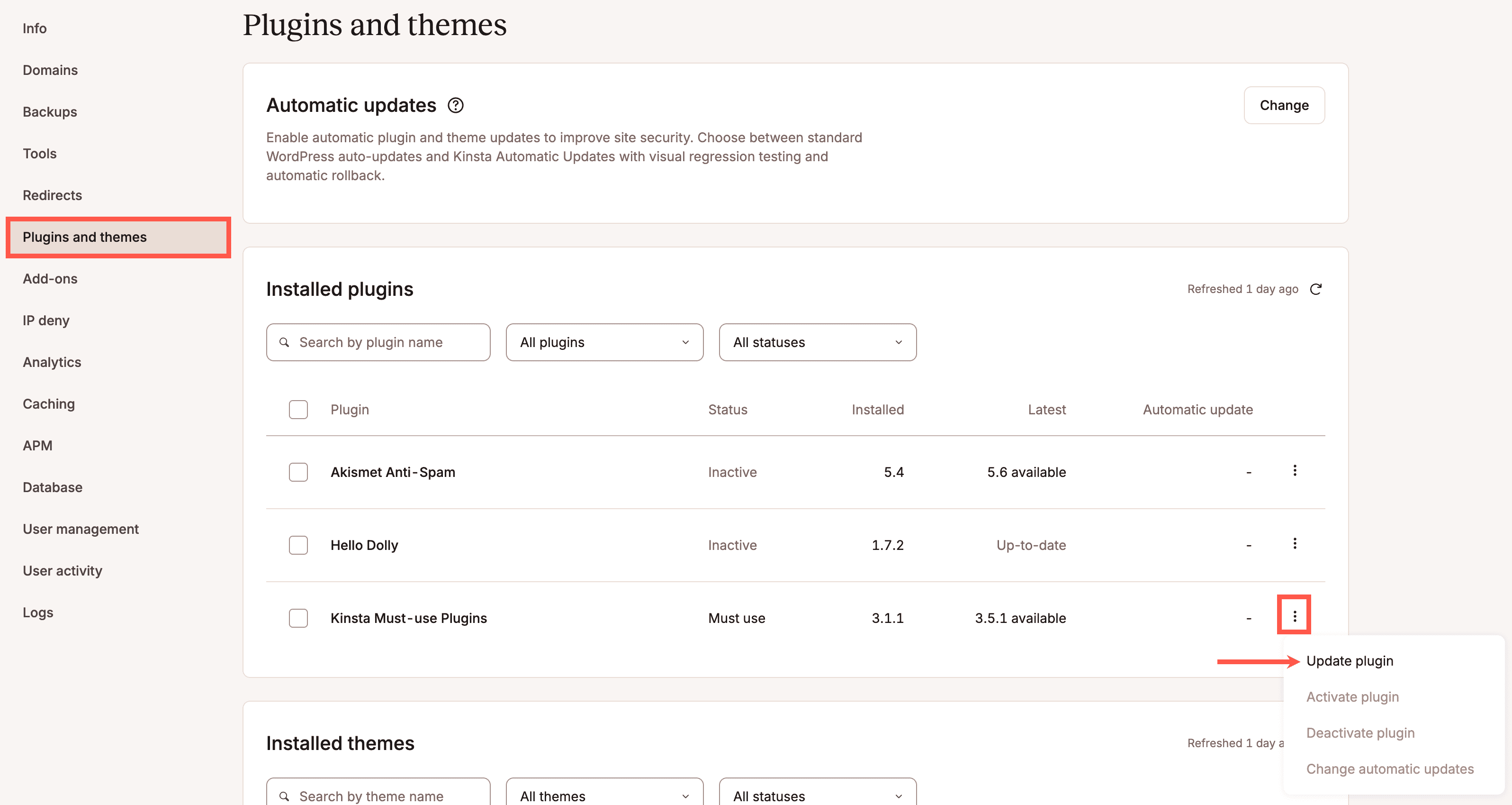 Update the Kinsta Must-use plugin for an individual site.