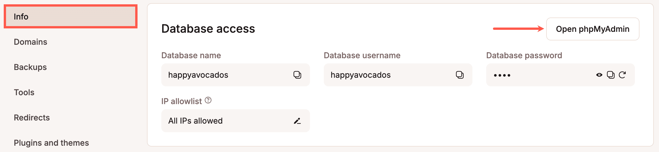 Open phpMyAdmin from MyKinsta.