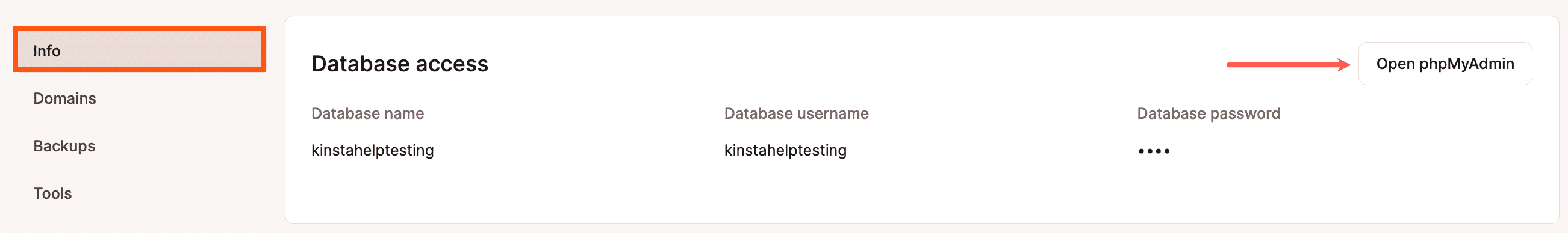 Open phpMyAdmin from MyKinsta.