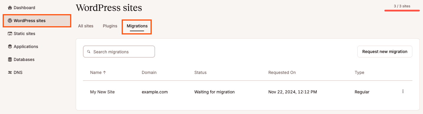 View migration requests on the Migrations tab within the WordPress Sites page in MyKinsta.