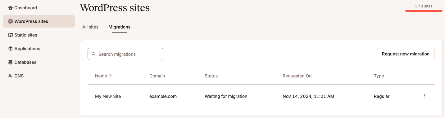 View migration requests on the Migrations tab within the WordPress Sites page in MyKinsta.