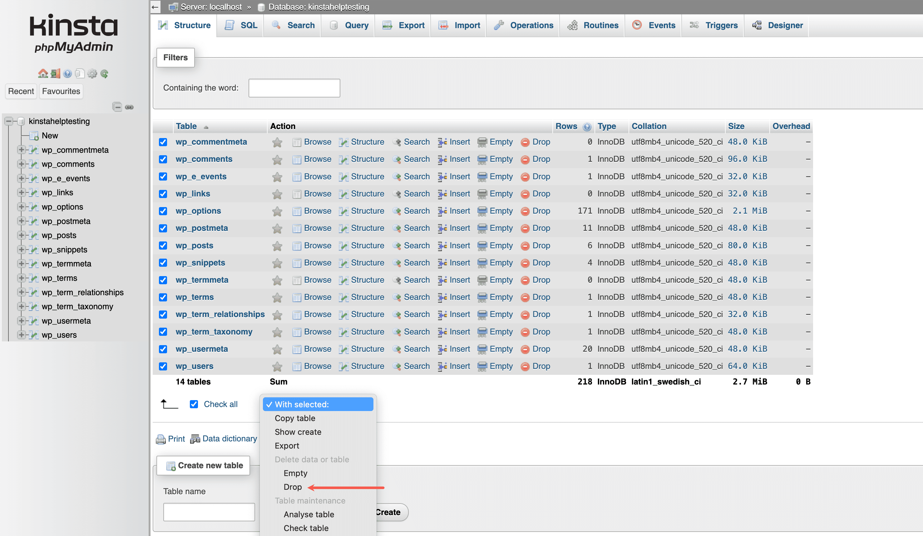 Drop database tables in phpMyAdmin.