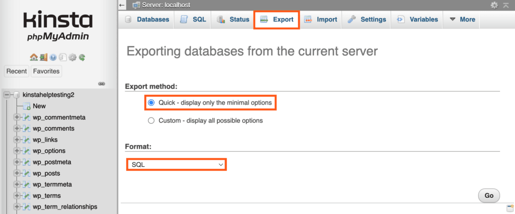 Exporting a database with the quick export method in phpMyAdmin.