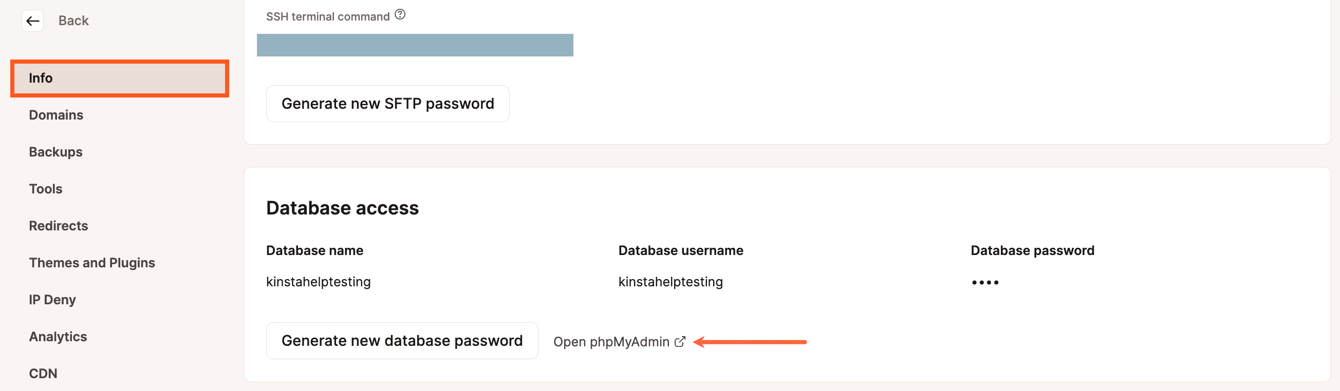 Abrindo o phpMyAdmin no MyKinsta.