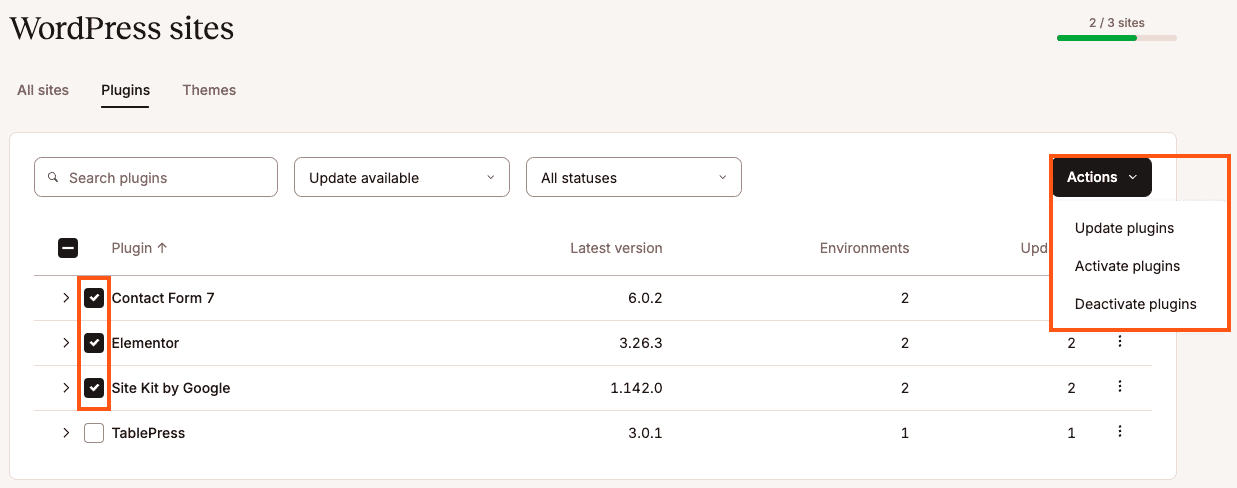 Update, activate, or deactivate multiple plugins.