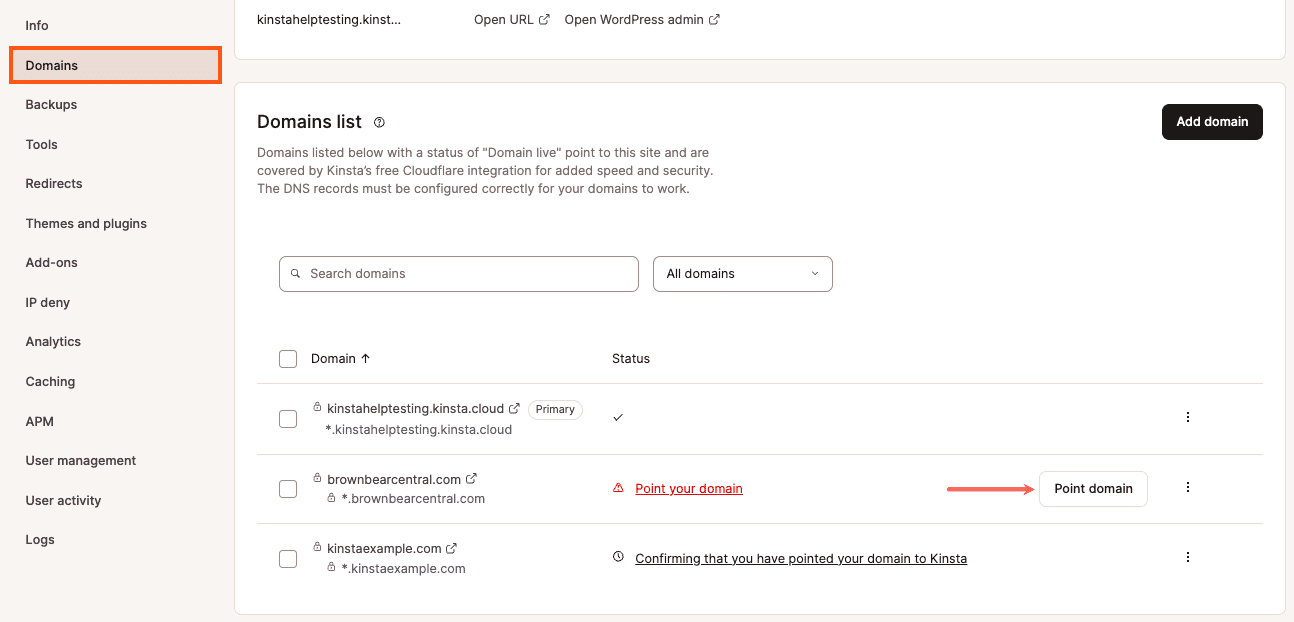 Point domain button in MyKinsta.