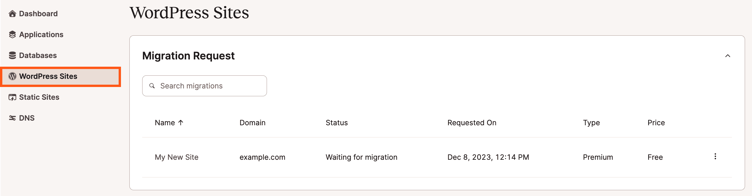 Consulta las solicitudes de migración en tu página Sitios WordPress en MyKinsta.