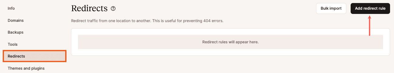 The Add redirect rule button from the Redirects section of MyKinsta.