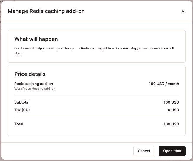 Redis caching add-on pricing information.