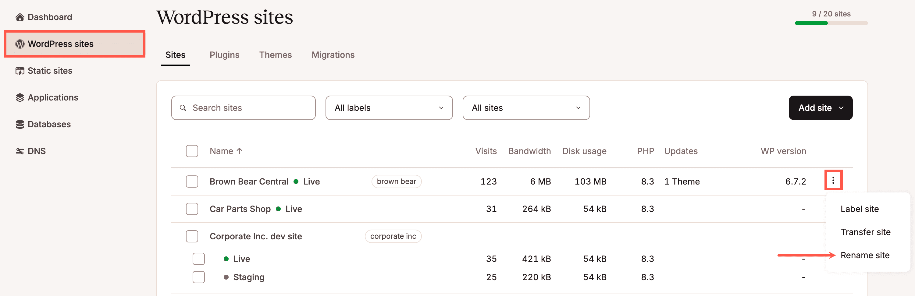 Rename your site from the WordPress Sites list in MyKinsta.