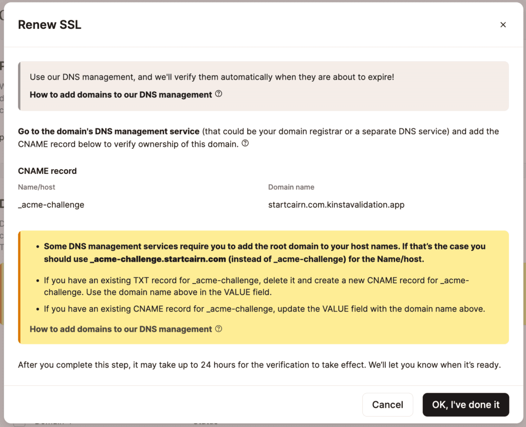 TXT do seu domínio para verificar o domínio e renovar seu SSL gratuito.