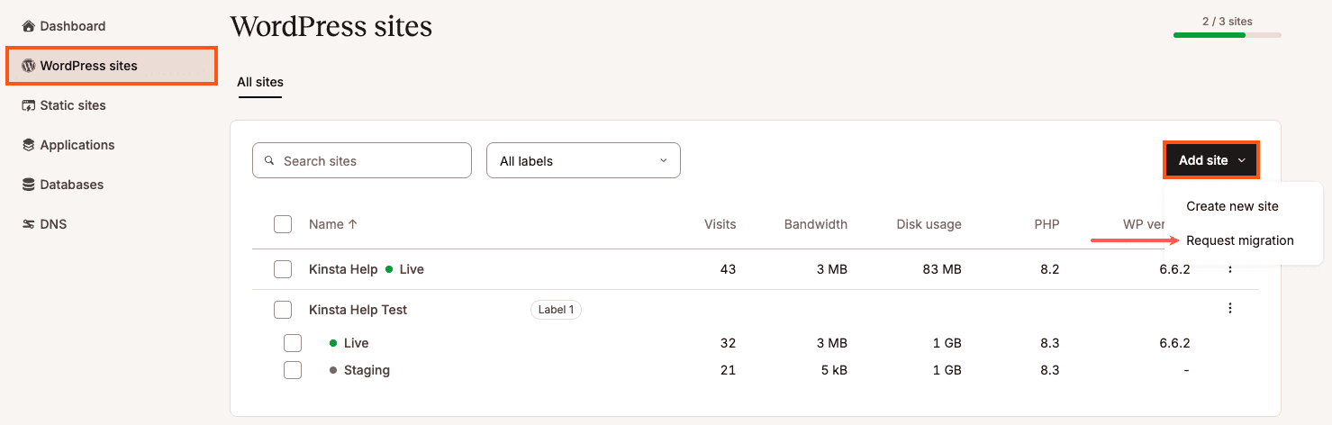 Select Request migration on the WordPress Sites page in MyKinsta.