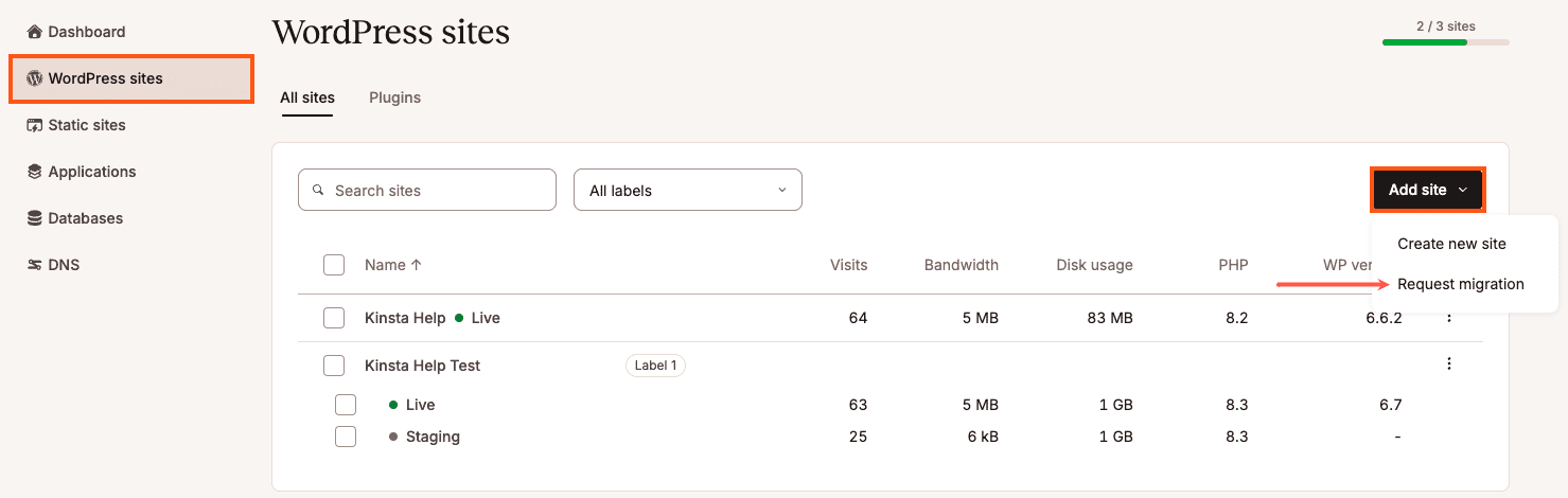 Select Request migration on the WordPress Sites page in MyKinsta.