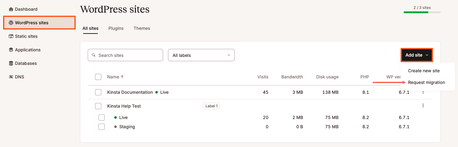 Select Request migration on the WordPress Sites page in MyKinsta.