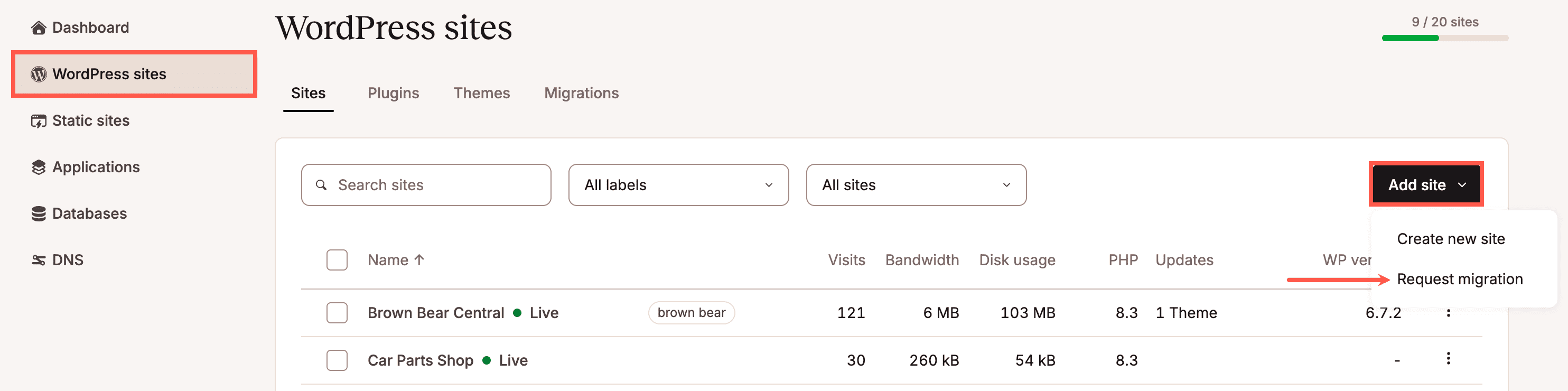 Select Request migration on the WordPress sites page in MyKinsta.